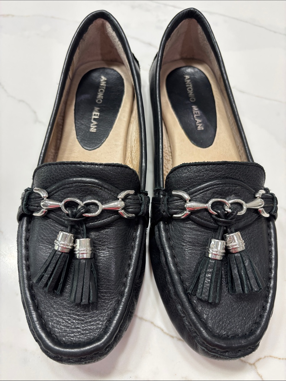 ANTONIO MELANI Black Leather Tassel Chain Loafers
